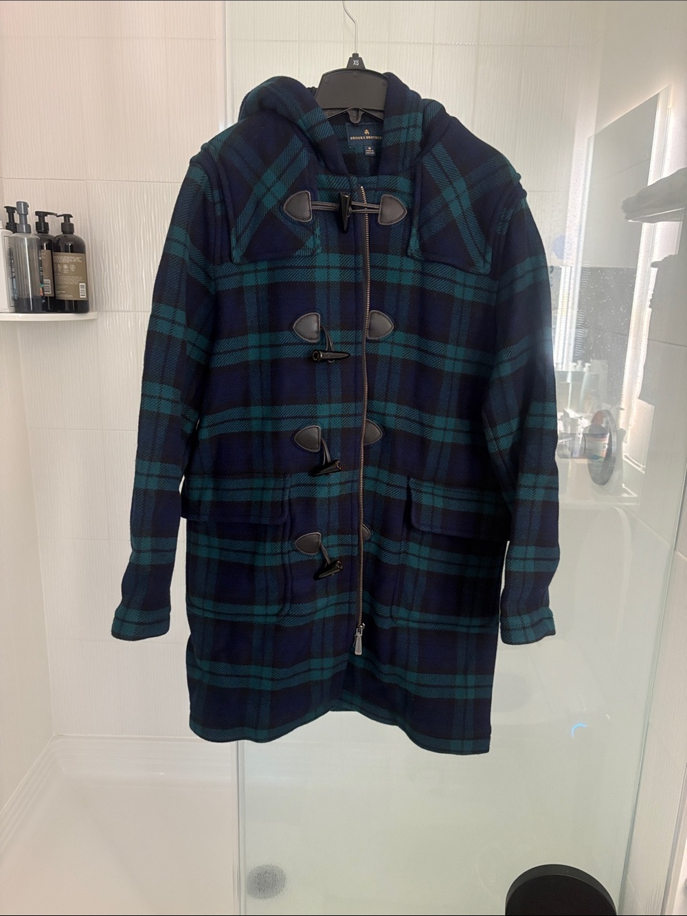 Brooks Brothers Navy and Green Plaid Toggle Pea Coat